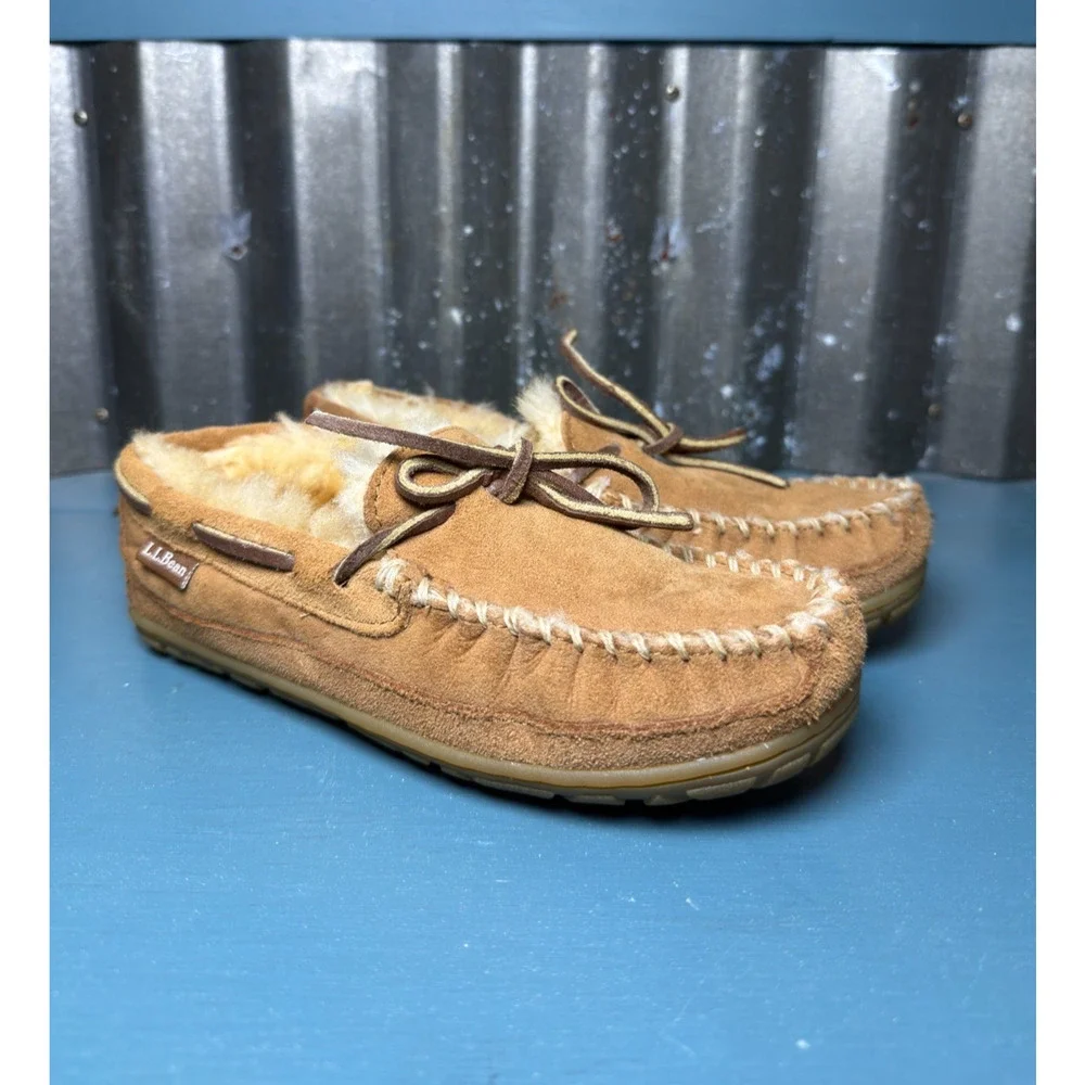 L.L. Bean Kids Wicked Good Moccasin Slippers Suede Shearling Size 1 Tan Brown